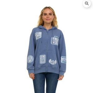 NWT Disney Lilo & Stitch Blue Graphic Full Zip Embroidered Patch Hoodie L Large